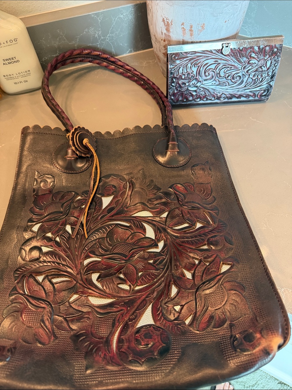 Patricia Nash Hand-Tooled Floral Leather Tote Bag in Cordovan/Silver